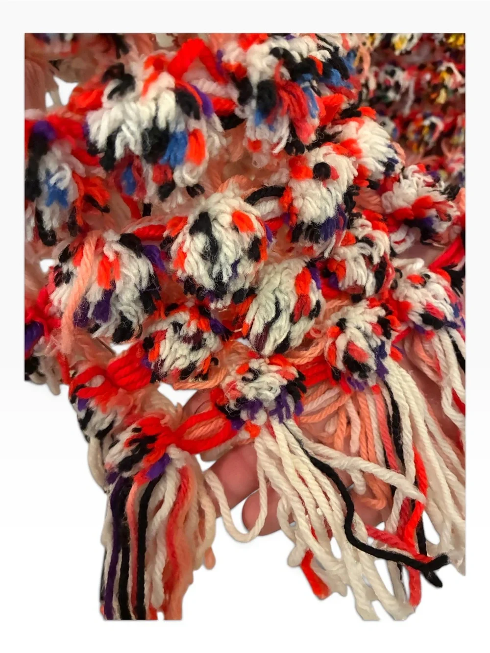 Unique Woven Pom Pom and weave multicolored yarn throw blanket. Hand made. 5’x5
